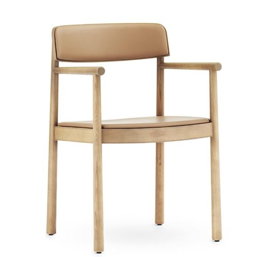 Timb Wooden Armchair Upholstered- Tan/ Camel leather